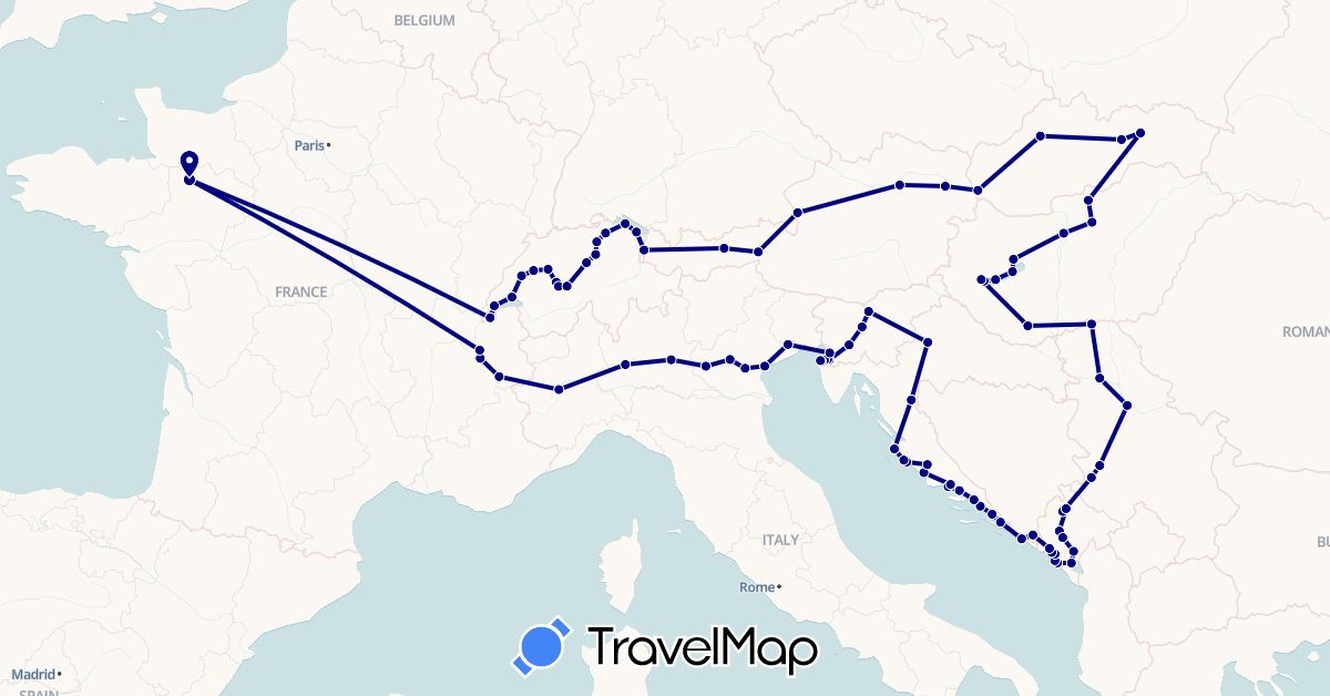 TravelMap itinerary: driving in Austria, Bosnia and Herzegovina, Switzerland, France, Croatia, Hungary, Italy, Montenegro, Serbia, Slovenia, Slovakia (Europe)